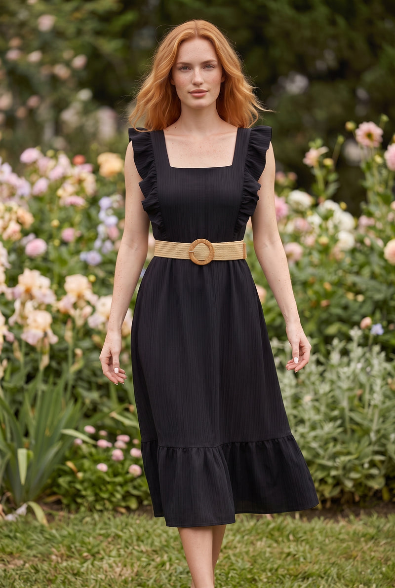 Black Midi Dress with Ruffled Straps and Square Neck – photo 3