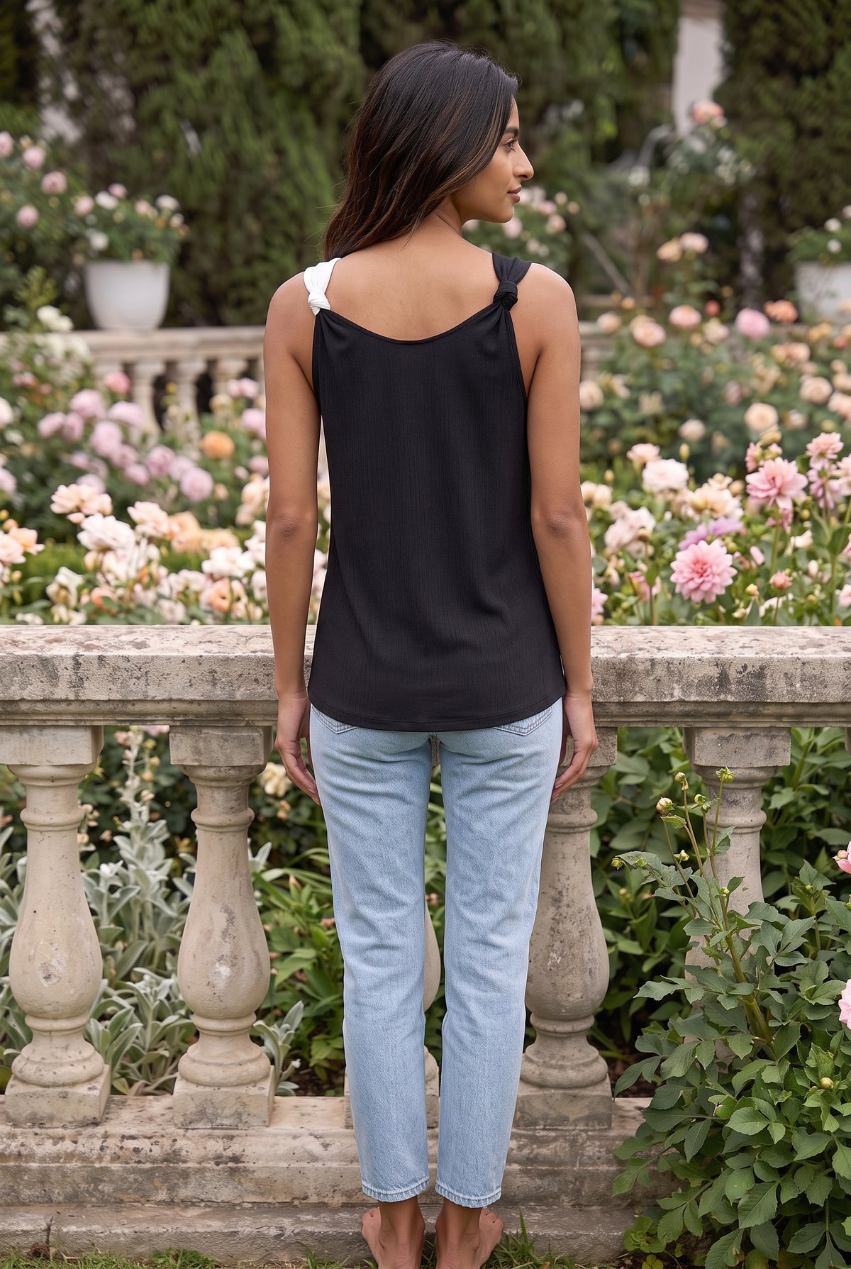 Colour Block V Neck Strappy Top with Knotted Straps in black – photo 4