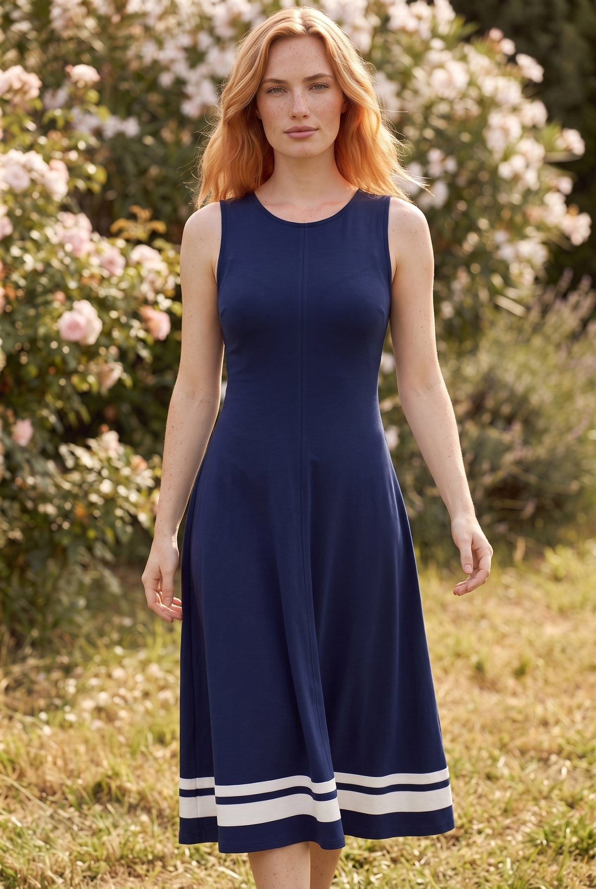 Ärmelloses A-Linie Midikleid mit Rundhalsausschnitt in Marine – Foto 3