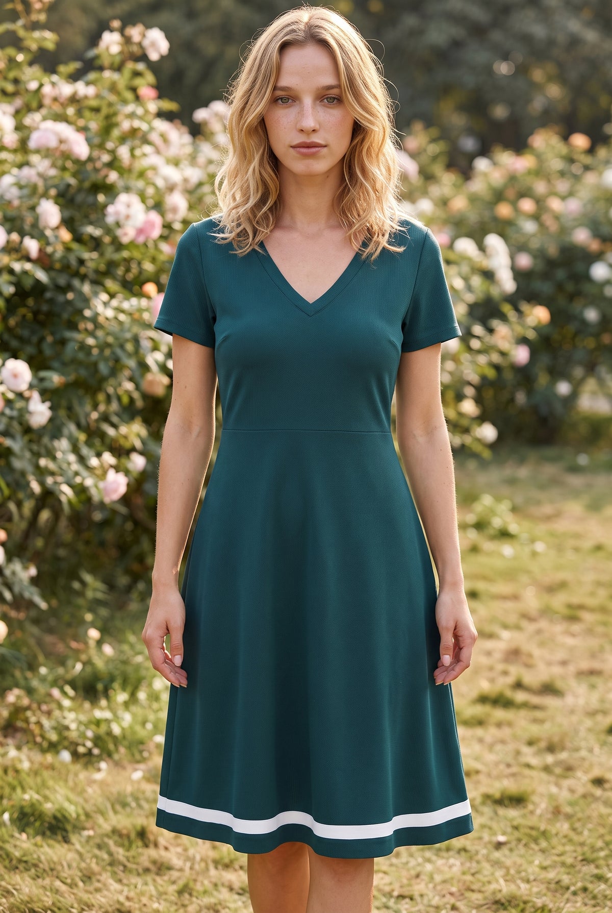 Kurzarm-Midikleid aus Krepp mit V-Ausschnitt in Grün – Foto 5