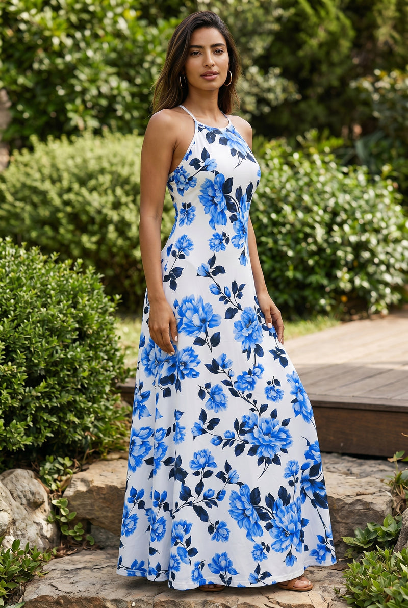 Robe longue fleurie dos nu en coton, coloris bleu – photo 3