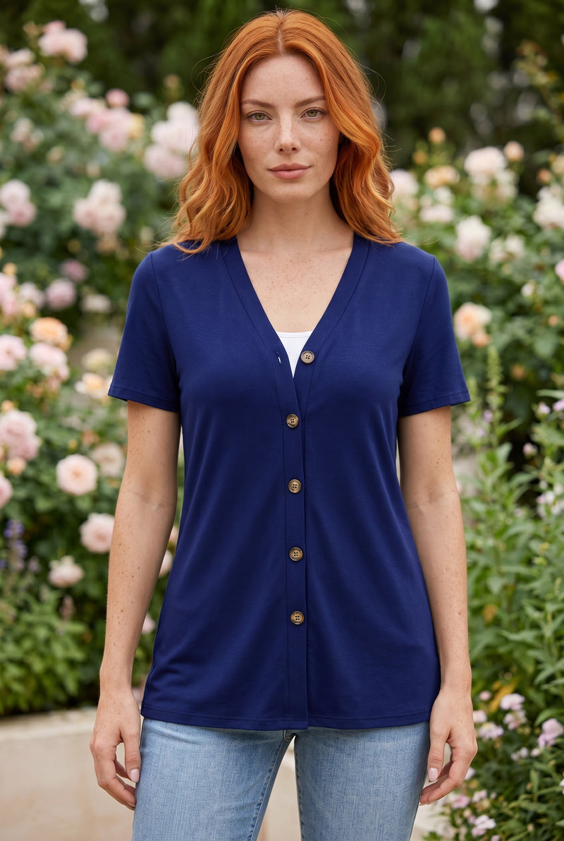 Short Sleeve V Neck Buttoned Viscose Top in navy – photo 5