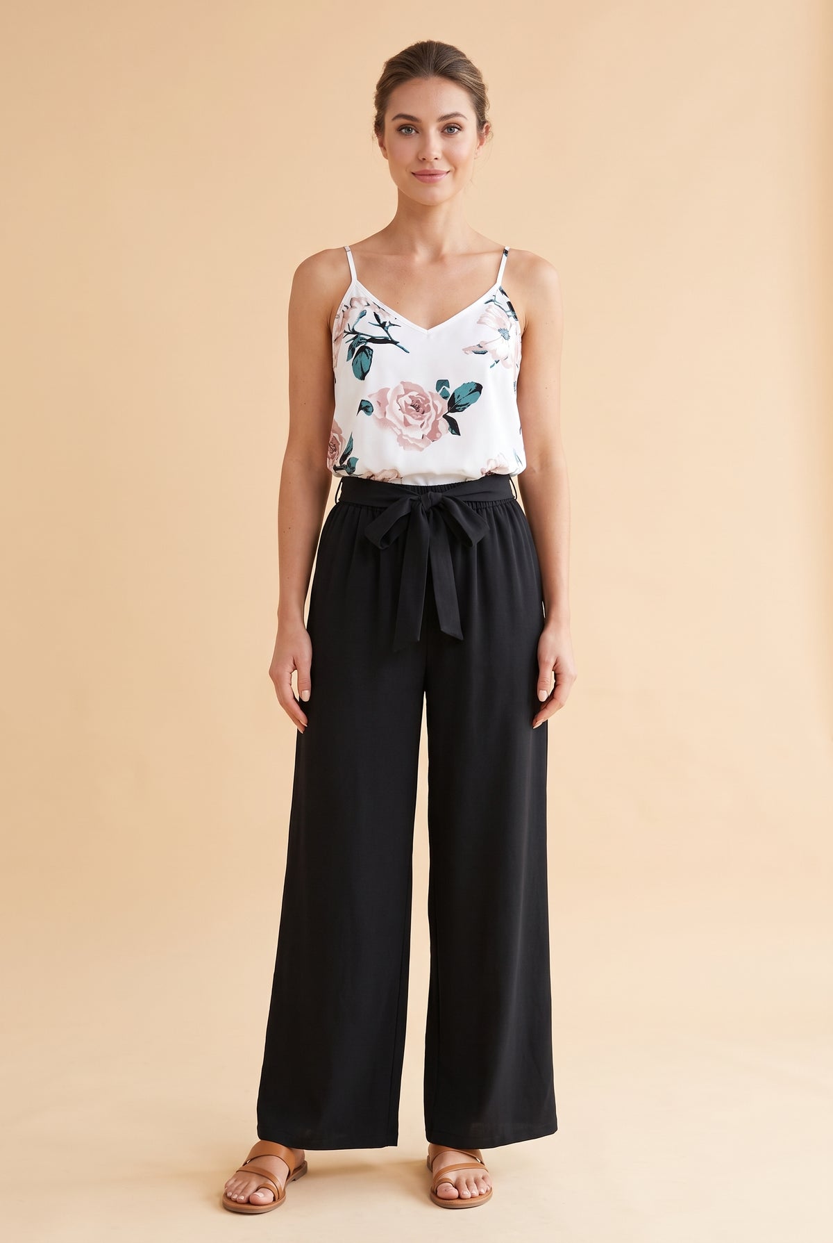 Floral Halter Neck Wide Leg Co-ord Set in black