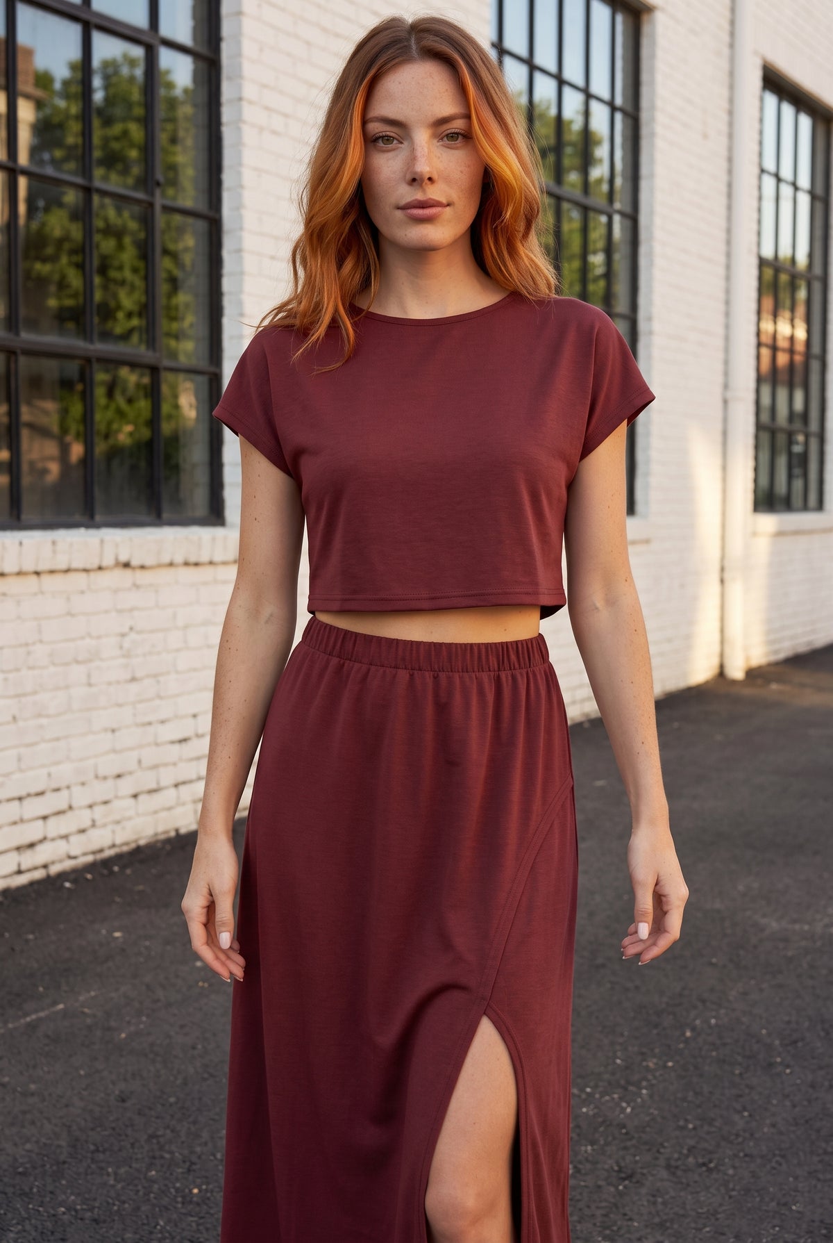 Short Sleeve Viscose Maxi Co-ord Set with Slit in orange – photo 5