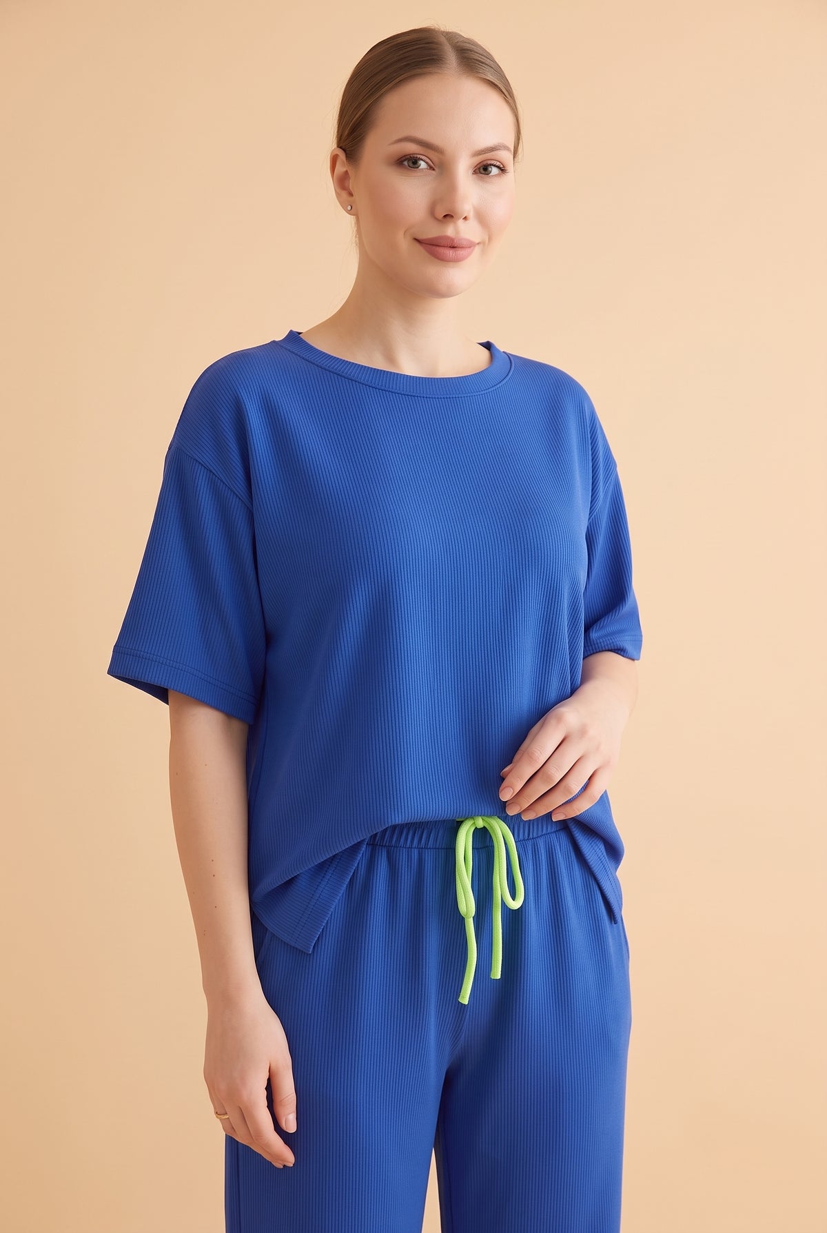 Short Sleeve Crew Neck Viscose Co-ord Set in sax blue – photo 5