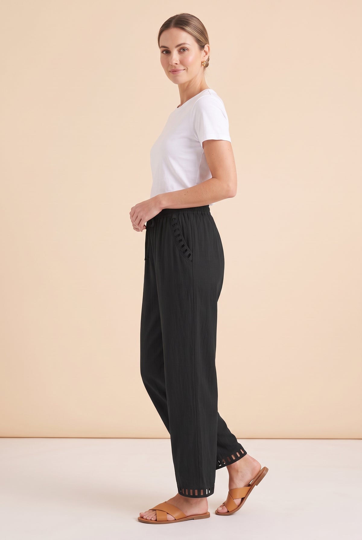 Black Elasticated Waist Linen Trousers with Lace Hem – photo 2
