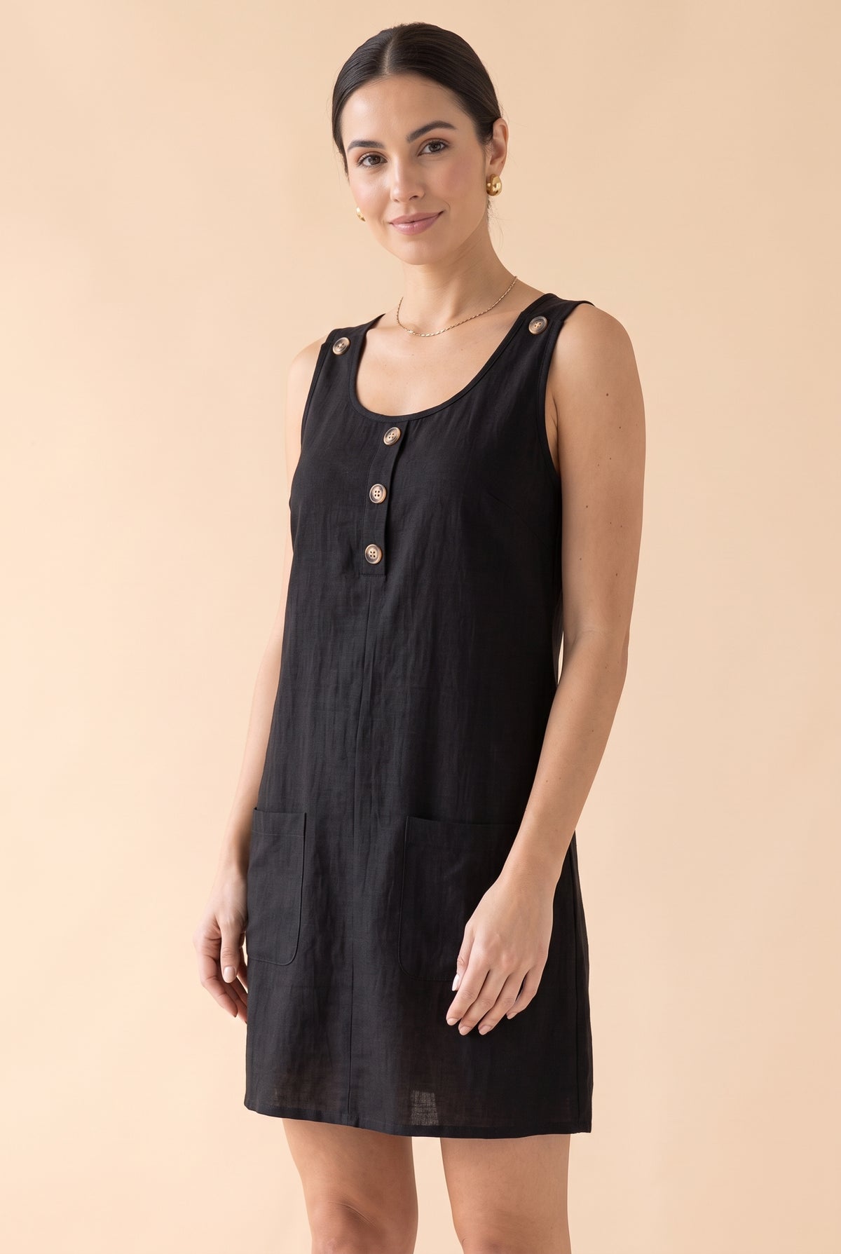 Sleeveless Round Neck Linen Mini Dress with Buttons in black – photo 5