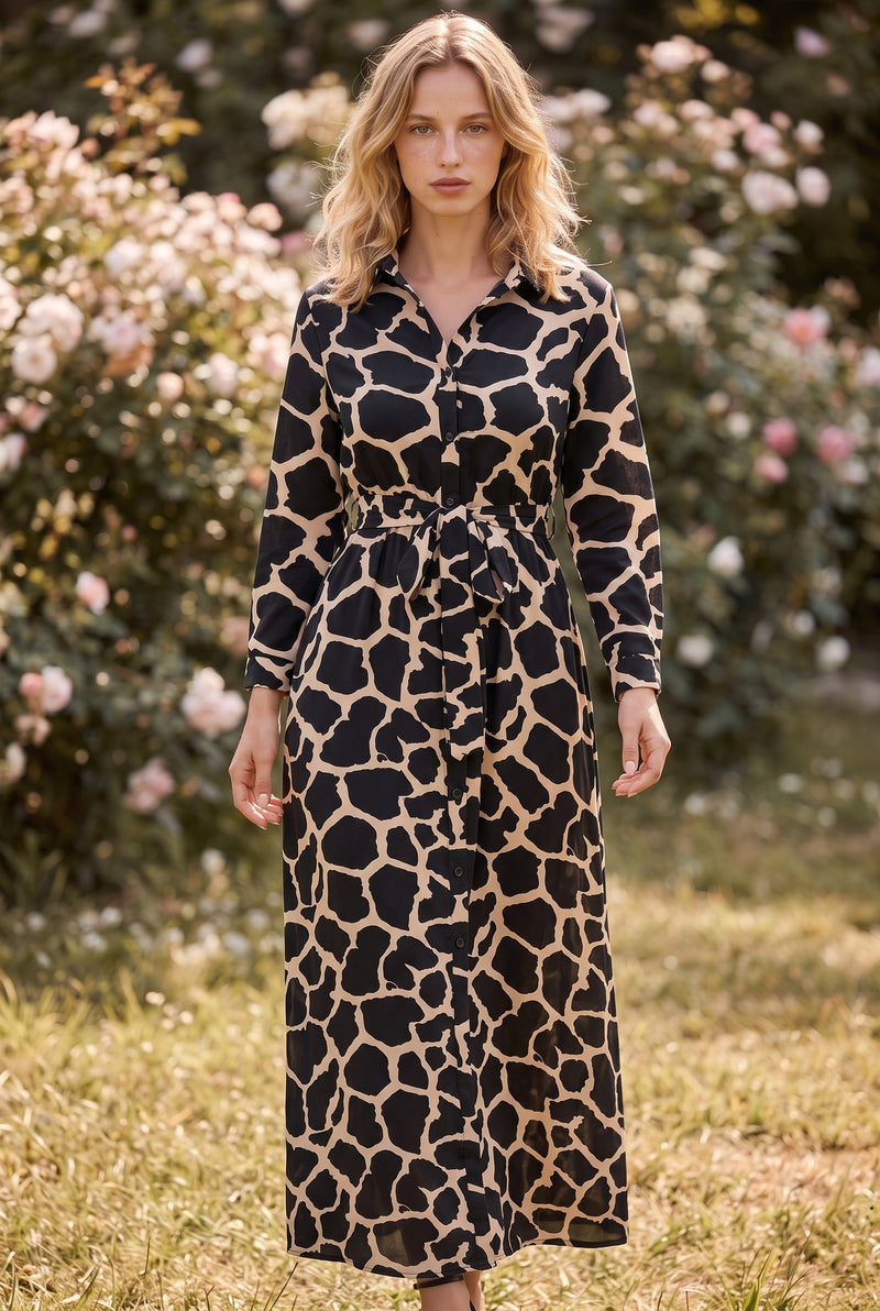 Leopard Print Long Sleeve Maxi Dress with Belt in black – photo 3