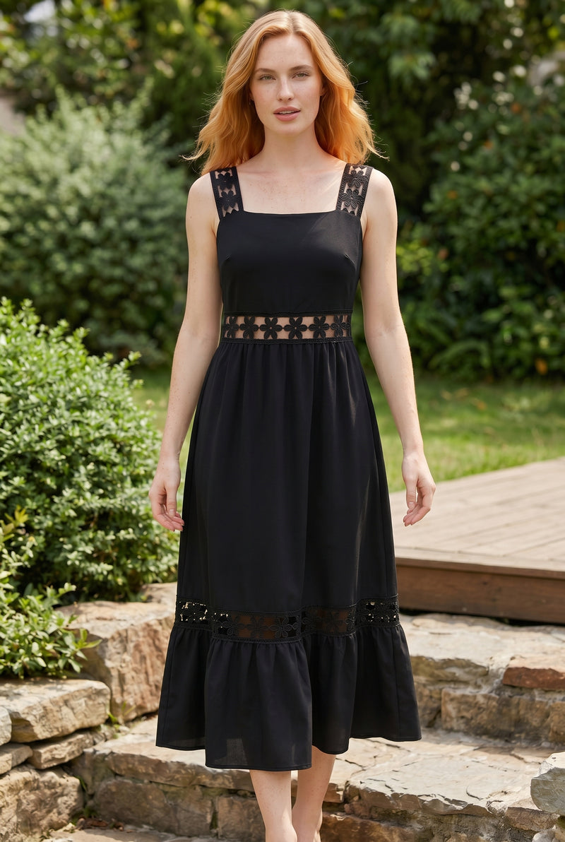Black Midi Dress with Square Neck and Lace Inserts – photo 5