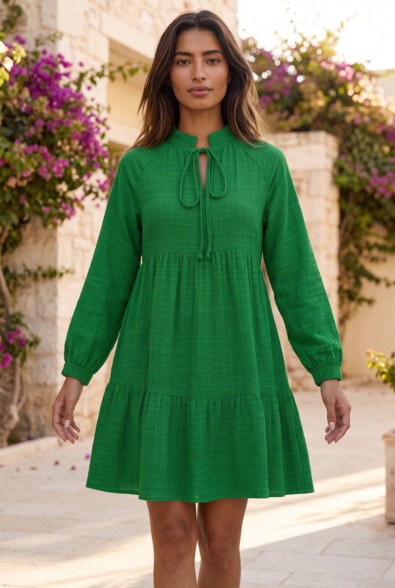 Long Sleeve Mini Dress with Tie Neck and Tiered Skirt in green – photo 5