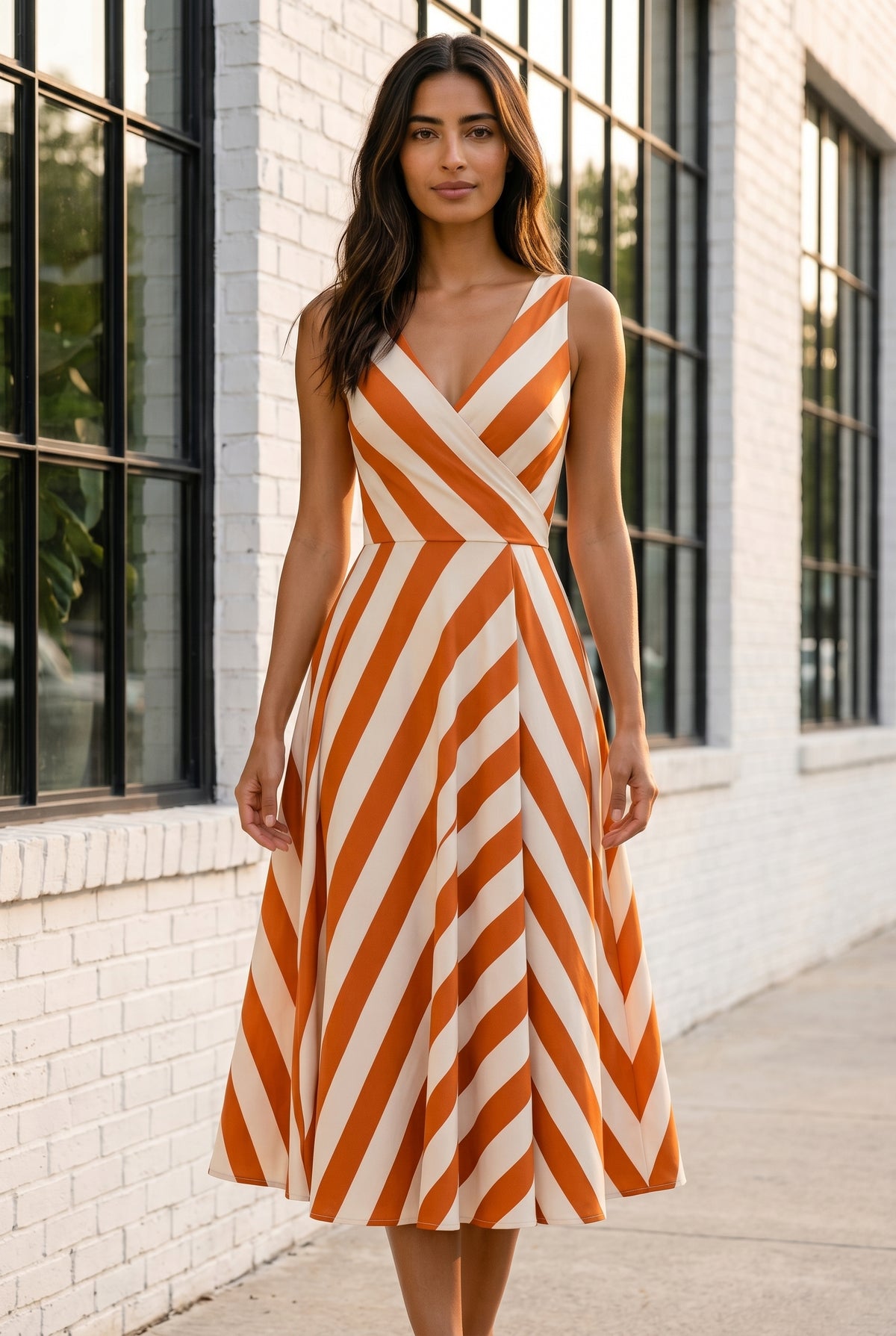 Gestreiftes Ärmelloses Midikleid mit Wickelausschnitt und Gürtel in Orange