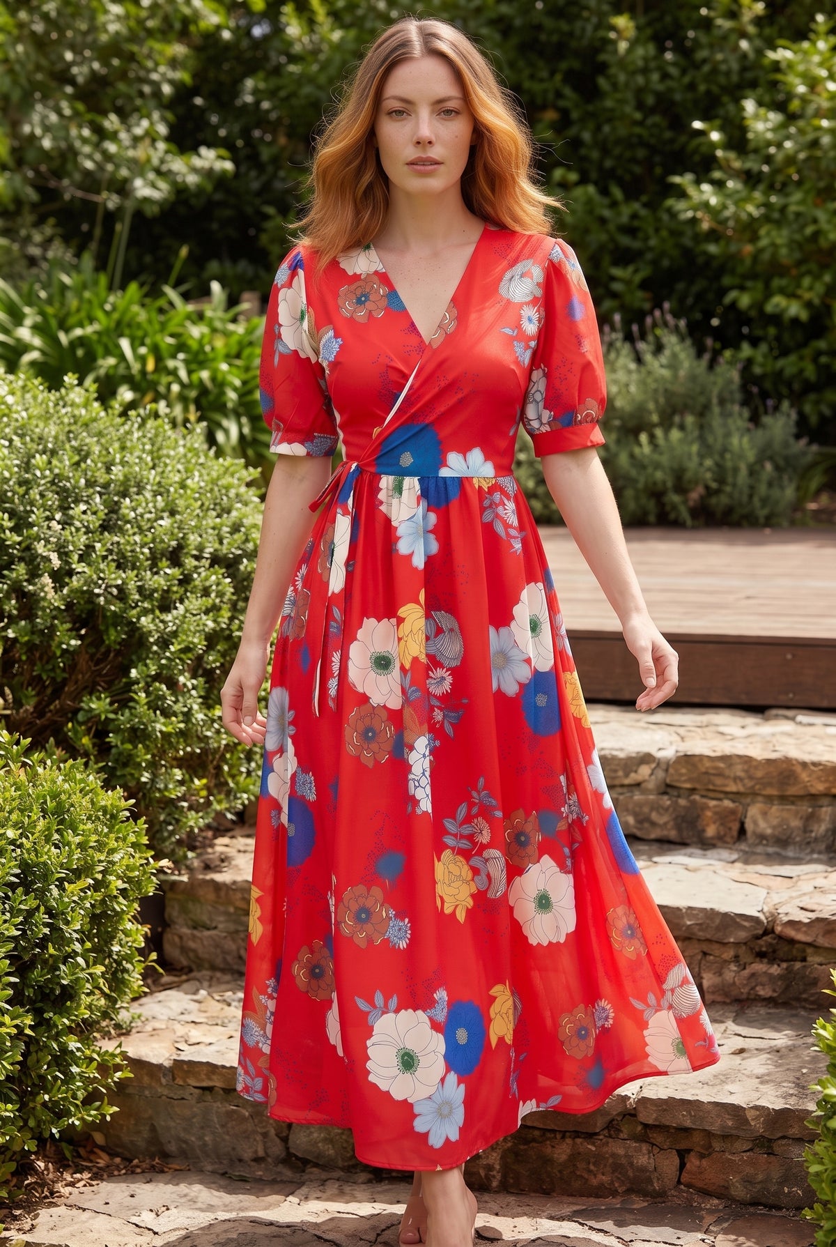 Rotes Maxikleid mit Blumenmuster und Wickelausschnitt – Foto 3