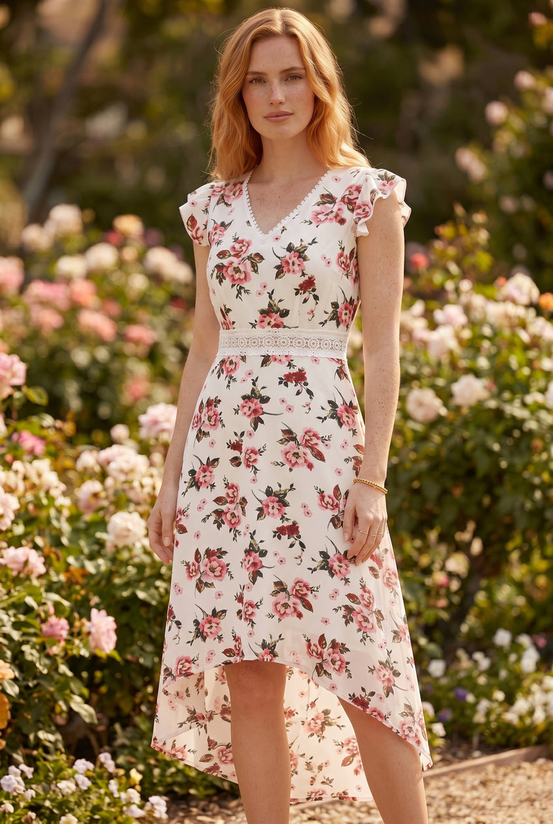 Blumenkleid mit V-Ausschnitt und Vokuhila-Saum in Midi-Länge, Gemustert – Foto 5