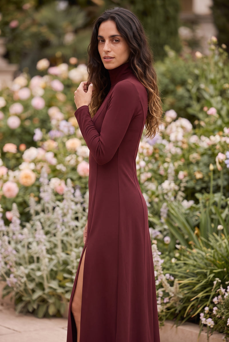 Long Sleeve Turtleneck Modal Midi Dress with Slit in burgundy – photo 2