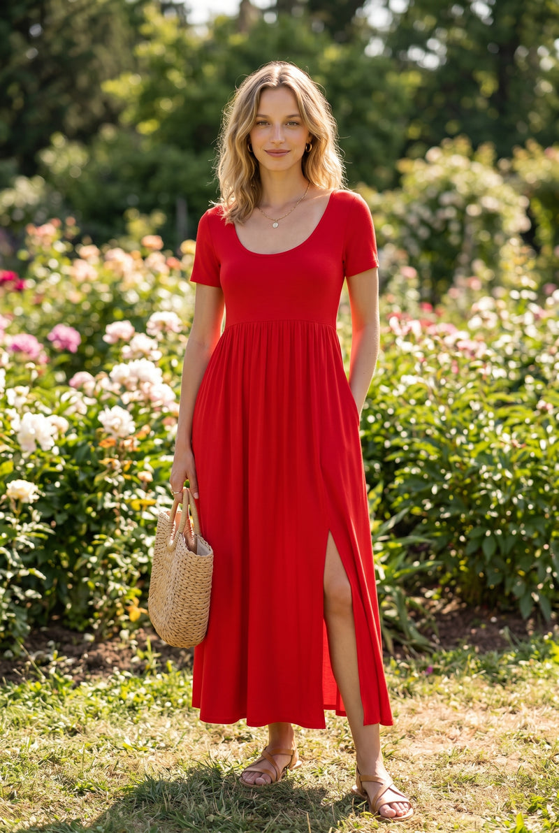 Kurzarm Maxikleid mit Rundhalsausschnitt und Schlitz in Rot – Foto 4