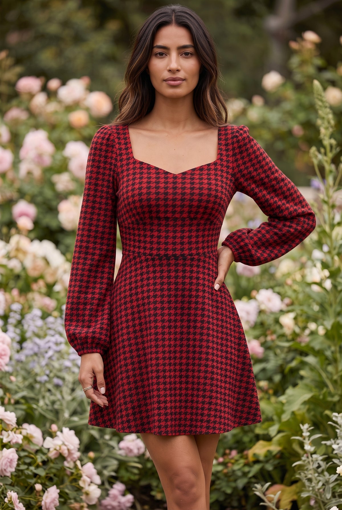 Red Checked Sweetheart Neck Long Sleeve Mini Dress – photo 4