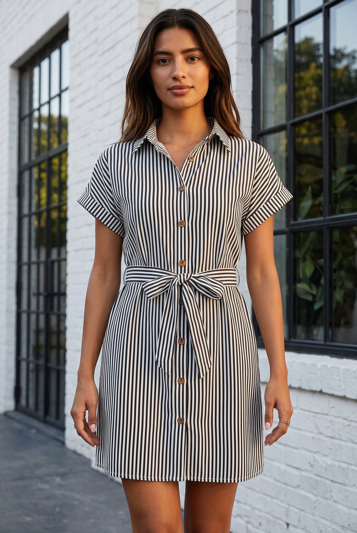 Robe Courte Noire Rayée à Manches Courtes et Ceinture – photo 5