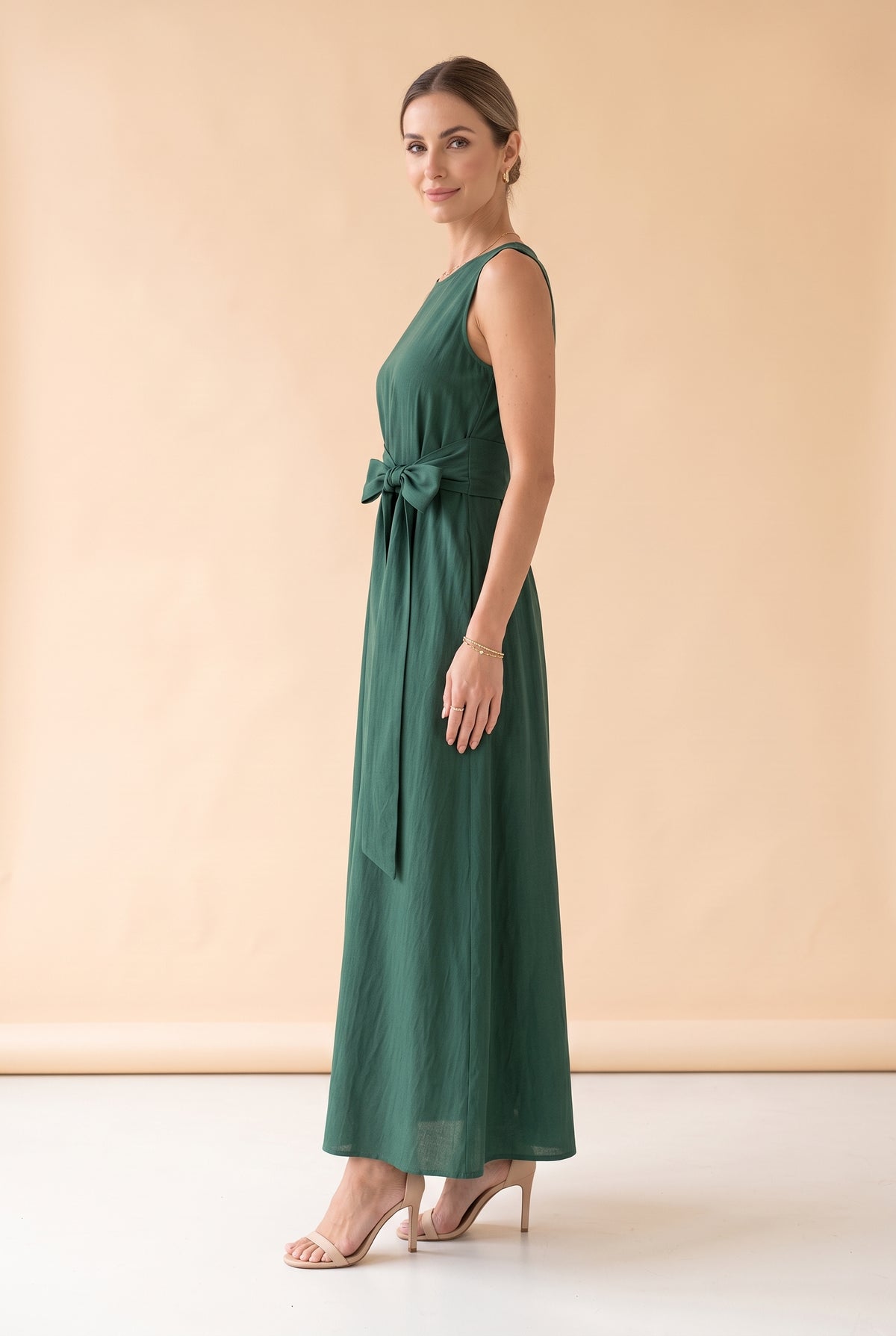 Sleeveless Tie Waist A-Line Long Dress in emerald – photo 3