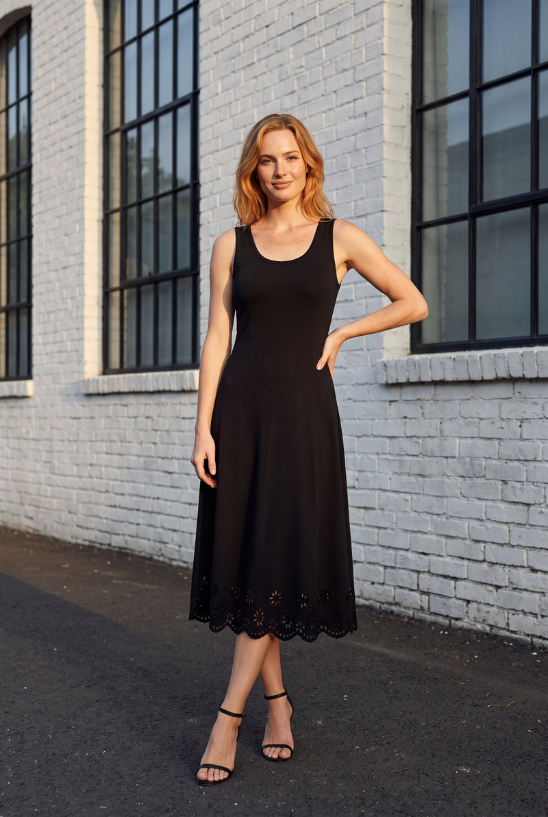 Black Sleeveless Midi Dress with Floral Laser Cut Hem – photo 5