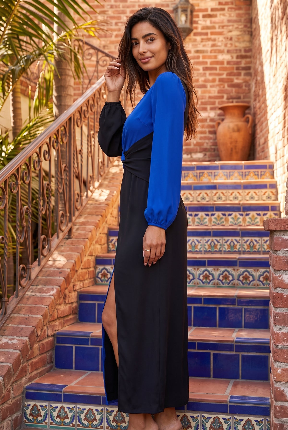 Two Tone Long Sleeve Wrap Midi Dress in blue – photo 2