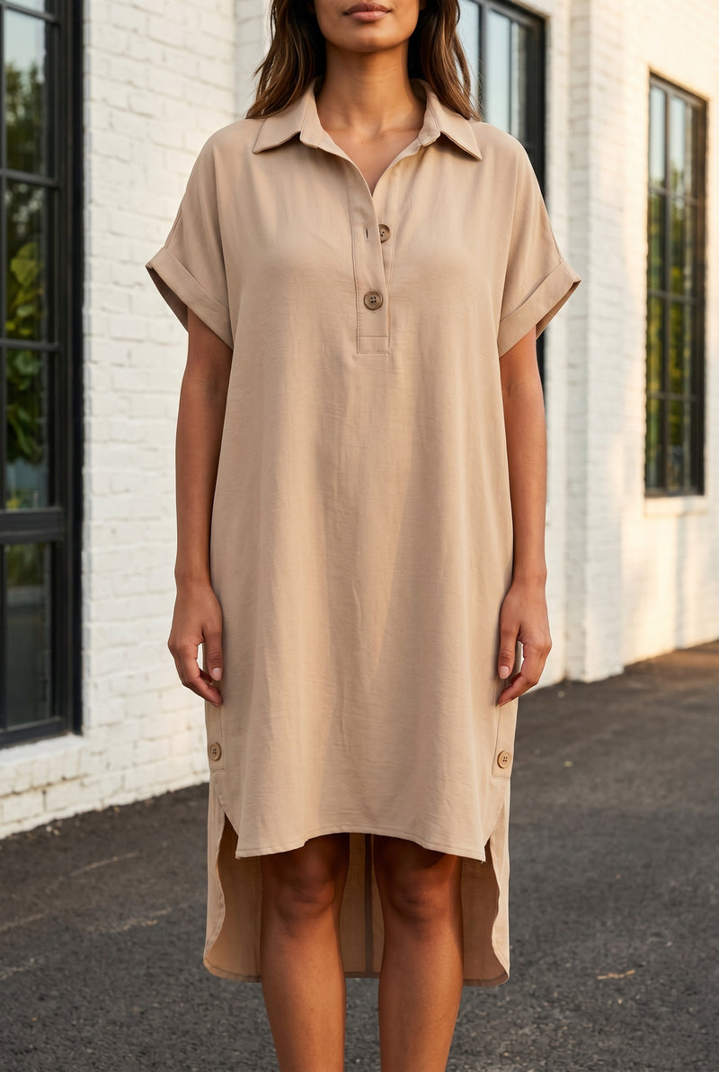 Kurzärmliges Midikleid aus Viskose mit Kragen in Beige – Foto 5
