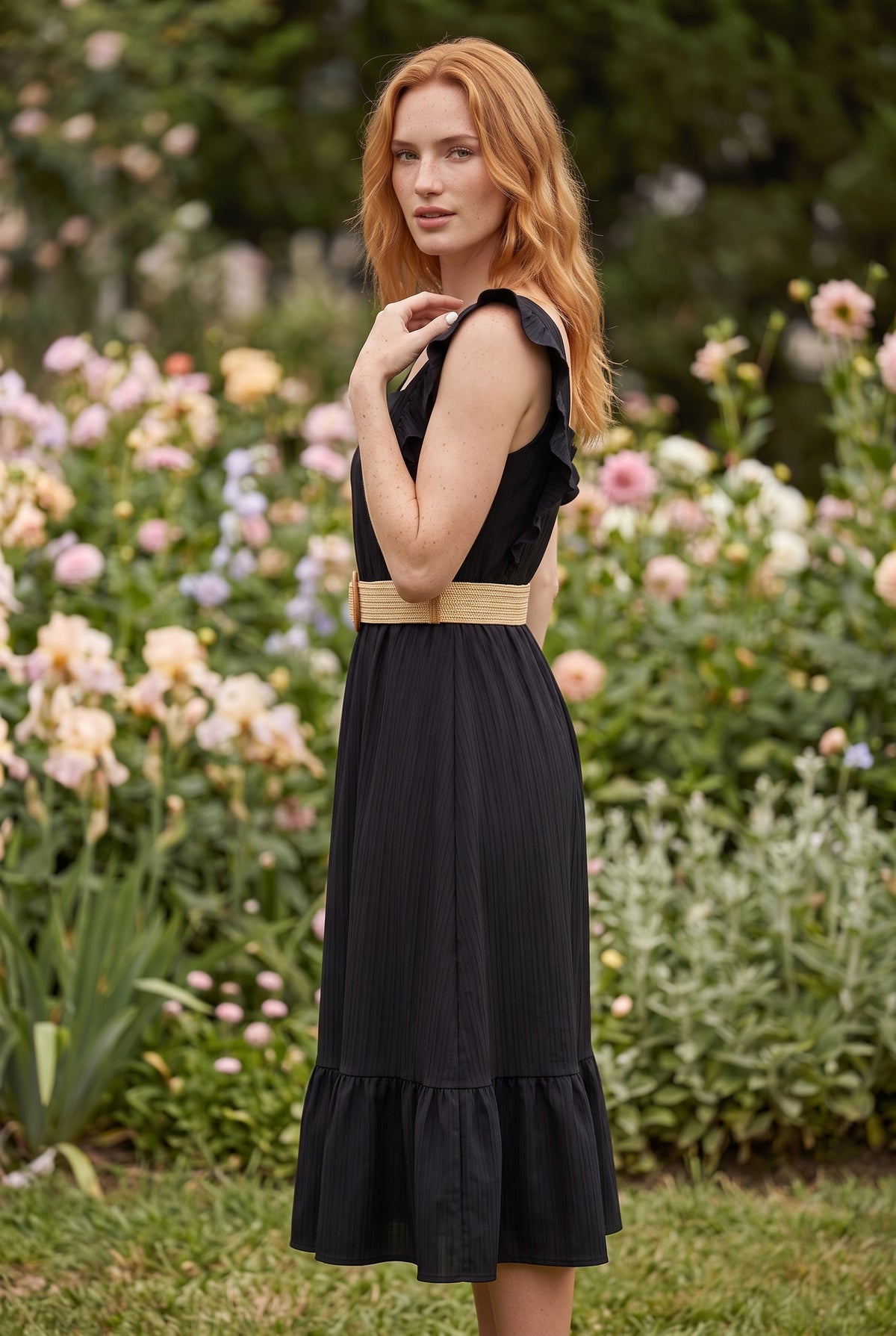 Black Midi Dress with Ruffled Straps and Square Neck – photo 2