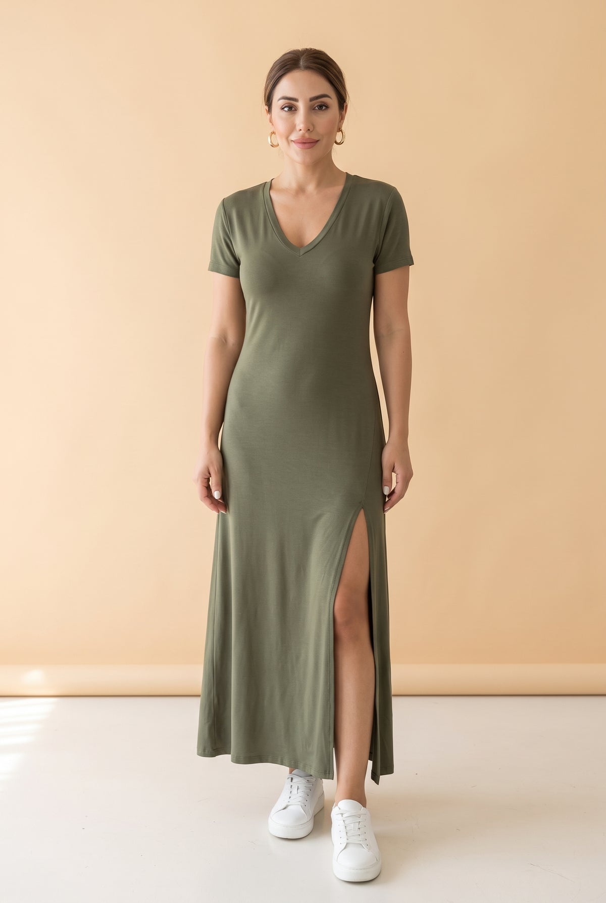 Short Sleeve V-Neck Viscose Maxi Dress with Slit in khaki
