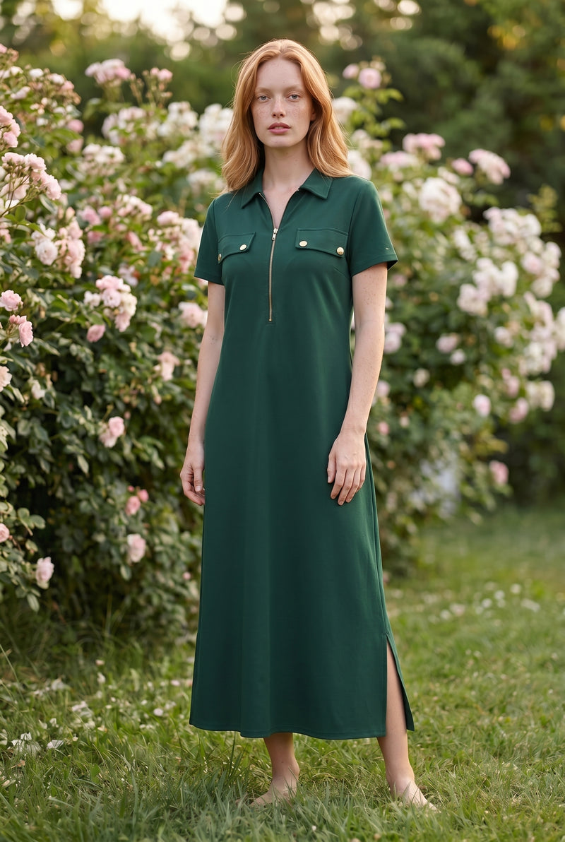 Kurzarm Maxikleid mit Reißverschluss und Kragen in Grün – Foto 4