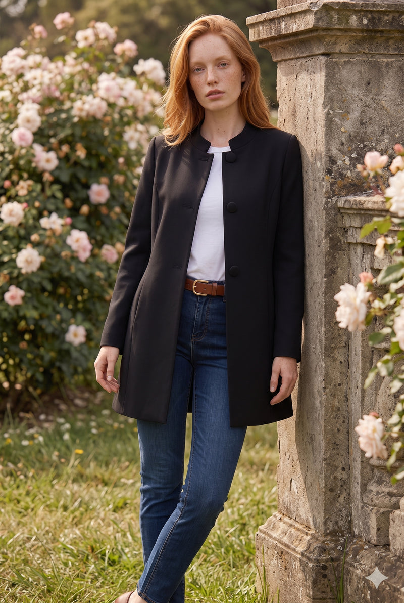 Black Buttoned Coat with Stand Collar