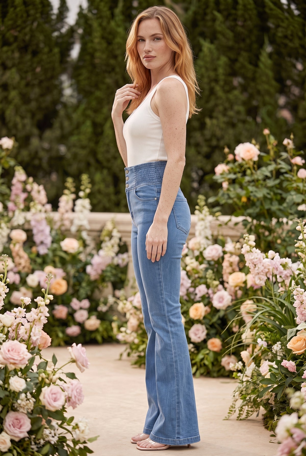 Blue High Waisted Denim Trousers with Buttons – photo 2