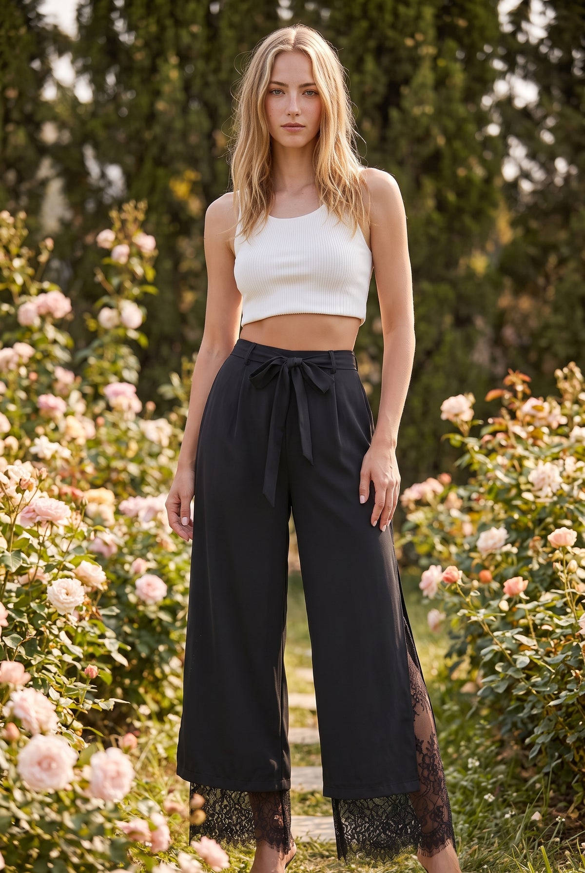 Black High Waisted Trousers with Lace Hem – photo 4
