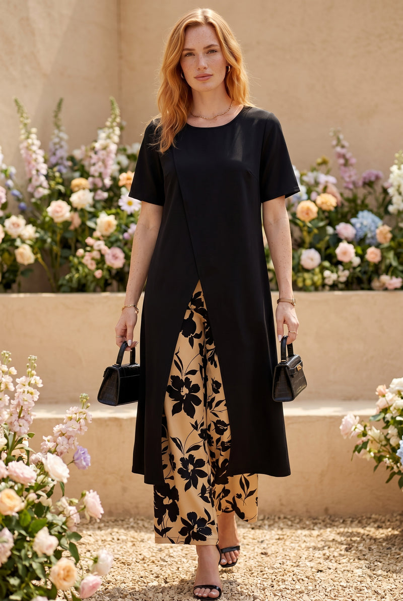 Black Short Sleeve Floral Wide Leg Co-ord Set – photo 3