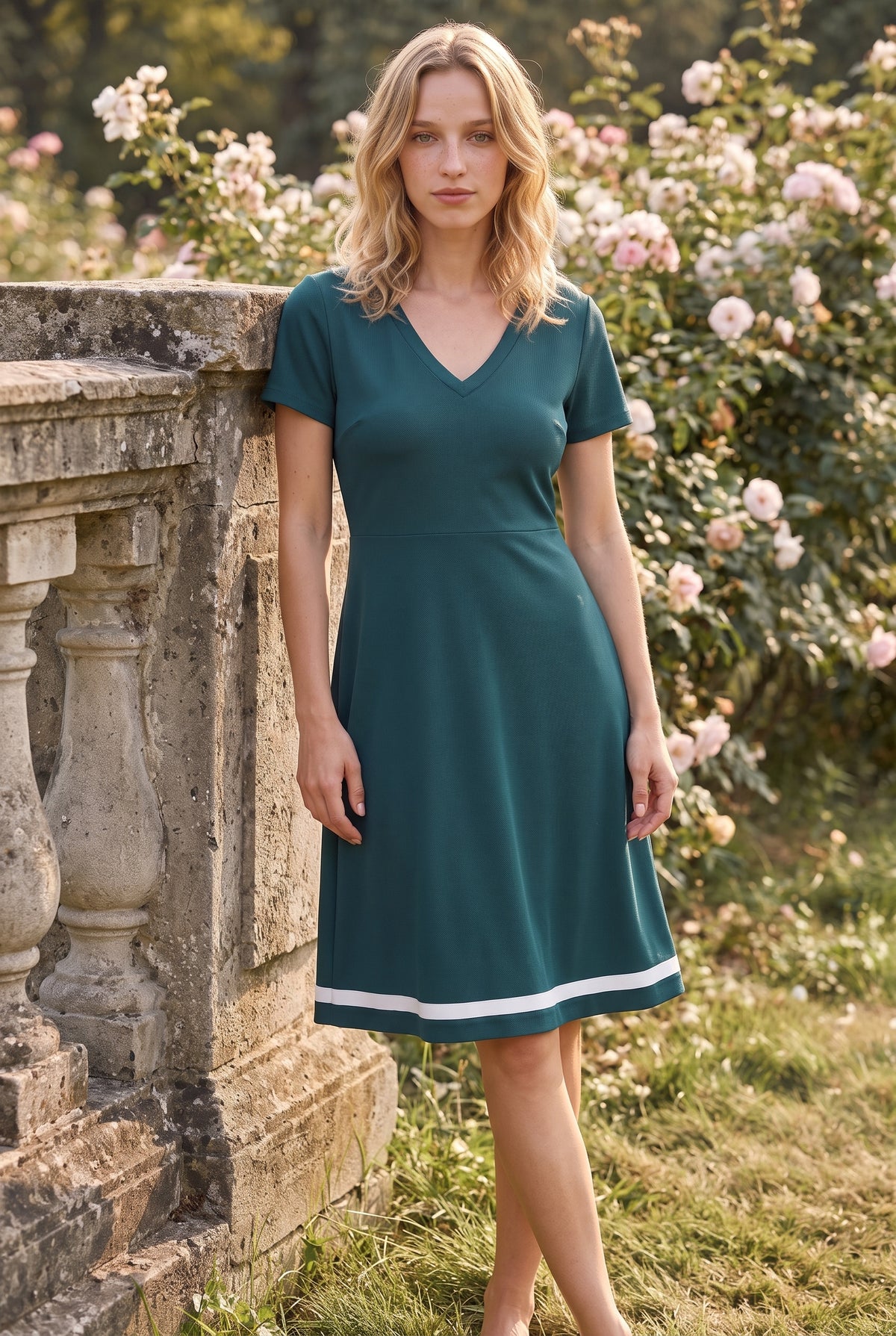 Kurzarm-Midikleid aus Krepp mit V-Ausschnitt in Grün