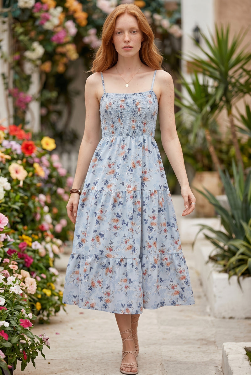 Floral Smocked Bodice Strappy Midi Dress in blue – photo 3