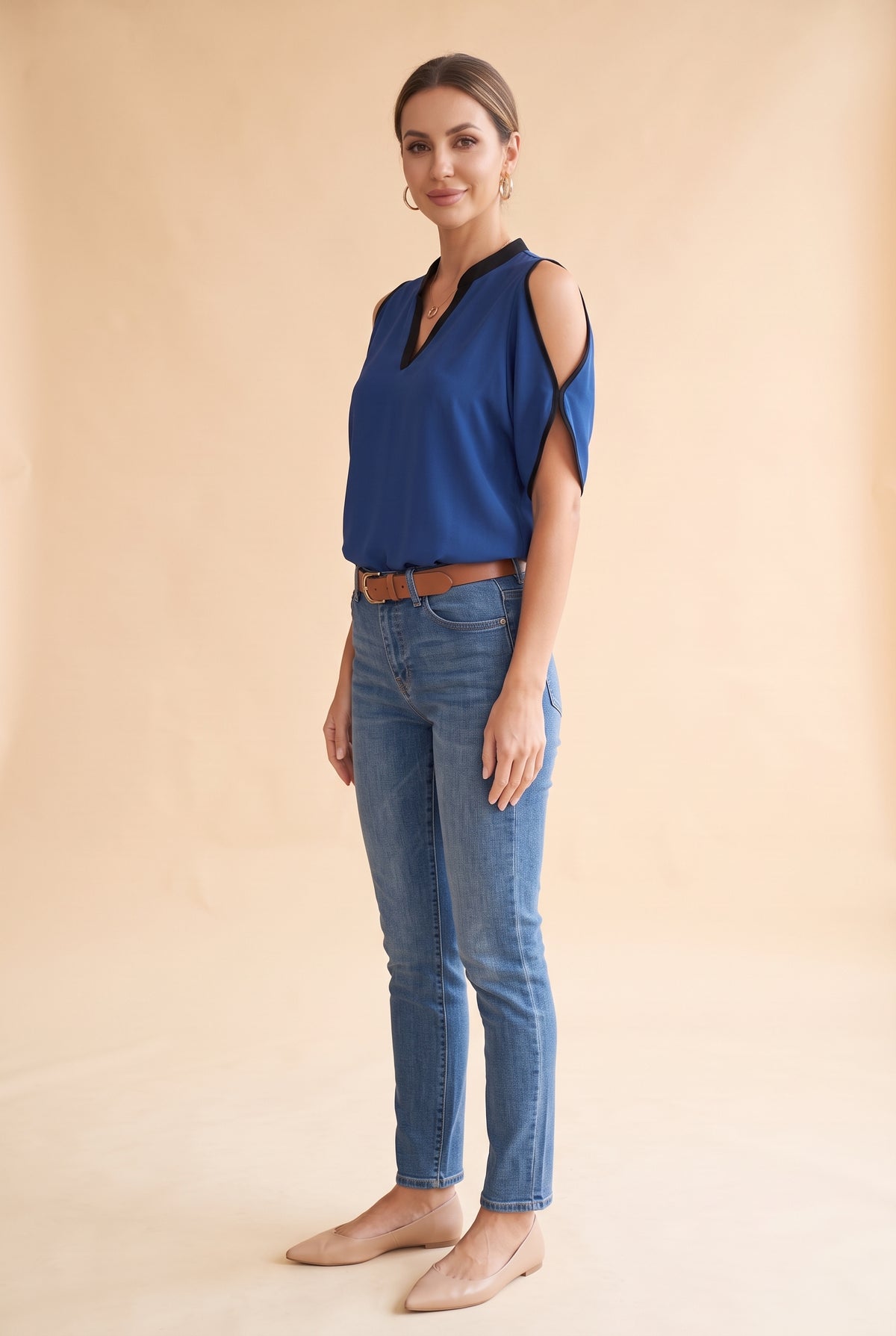Short Sleeve V Neck Crepe Top with Cutouts in navy – photo 2