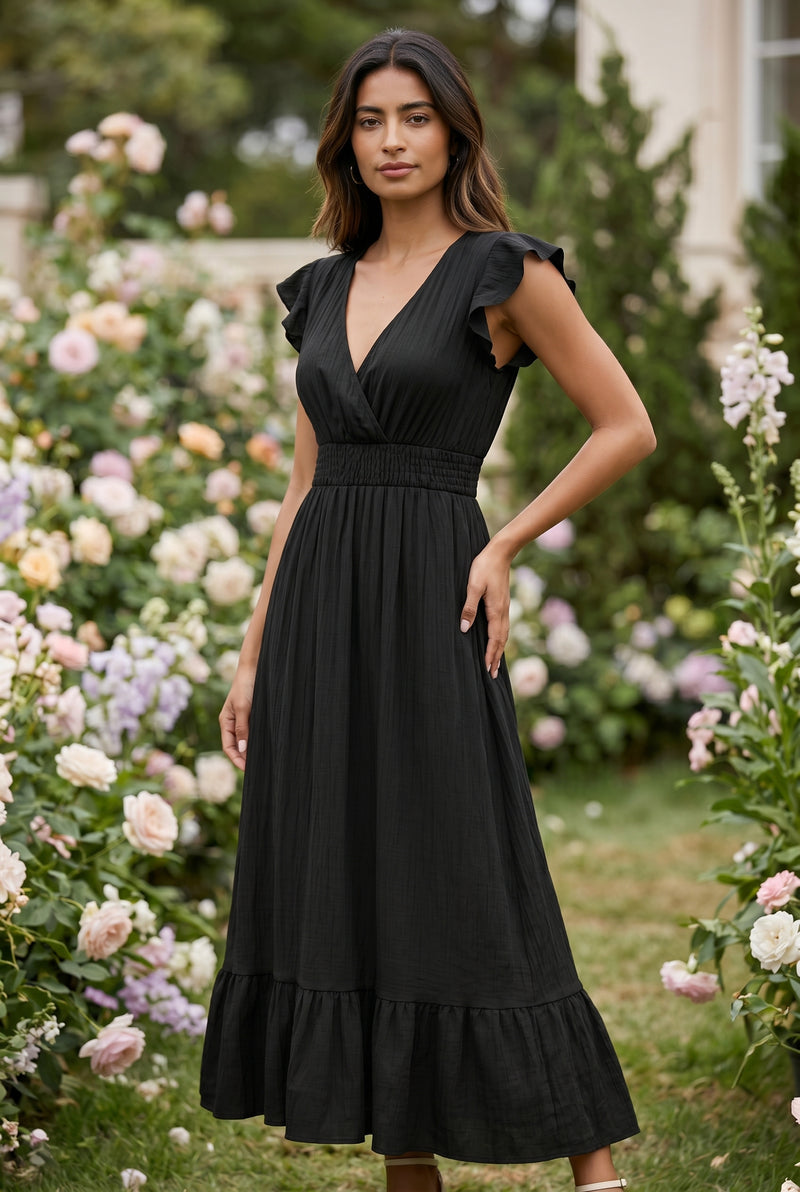 Short Sleeve Wrap Midi Dress with Ruffle Hem in black – photo 3