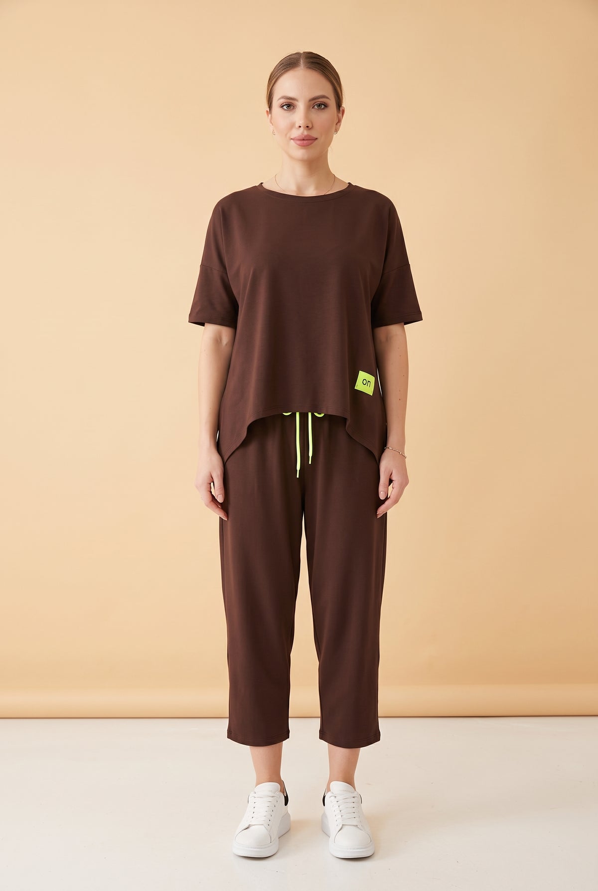 Short Sleeve Crew Neck Viscose Co-ord Set in brown