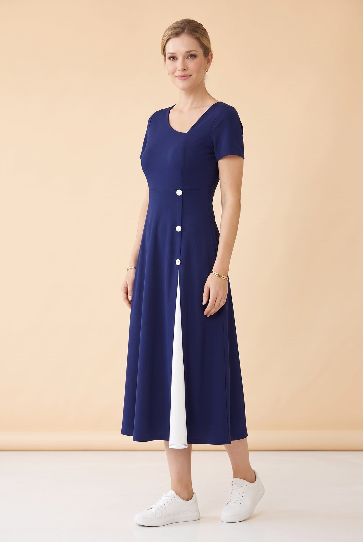 Short Sleeve Asymmetric Neck Midi Dress with Buttons in navy – photo 3