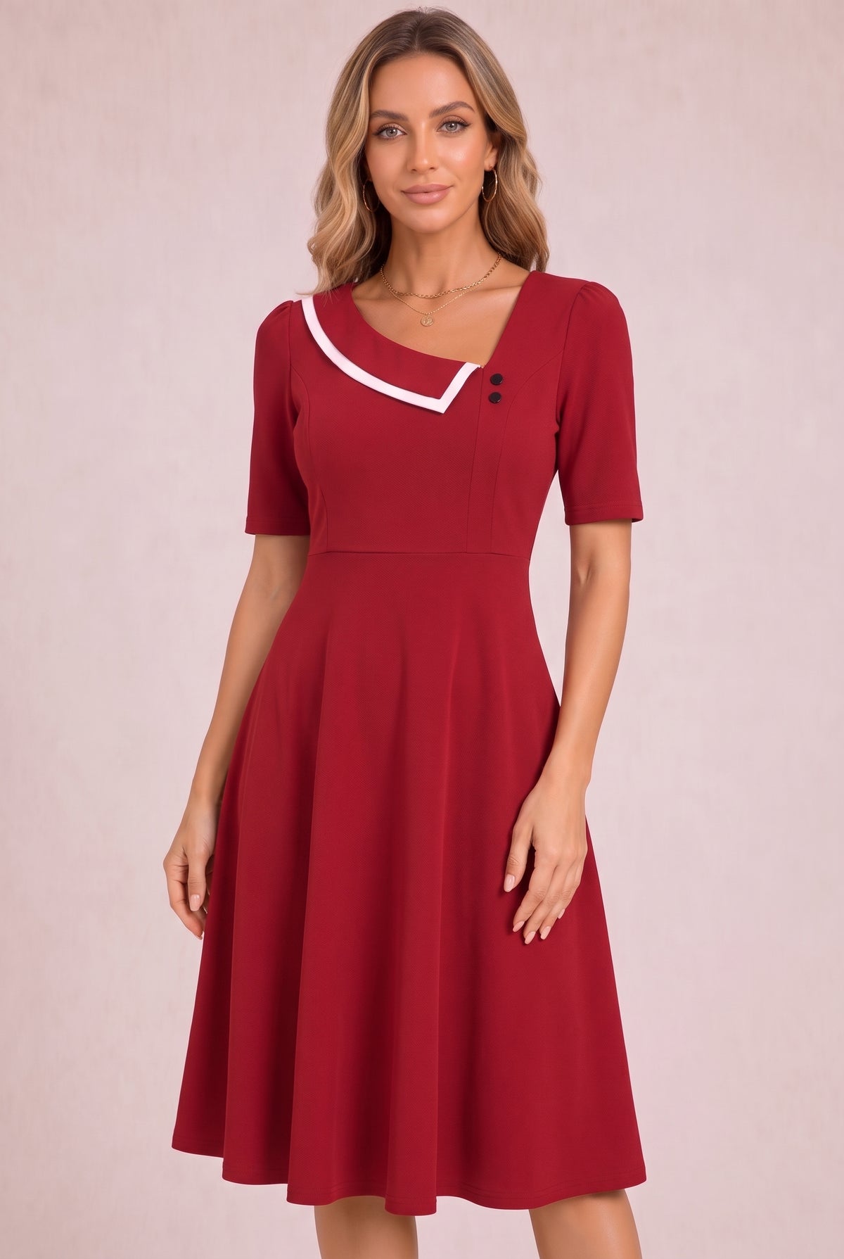 Short Sleeve Asymmetric Neck Midi Dress in red – photo 5