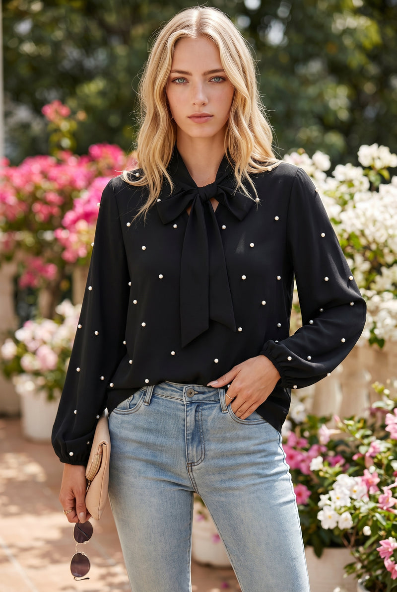 Black Long Sleeve Top with Pearl Details – photo 3