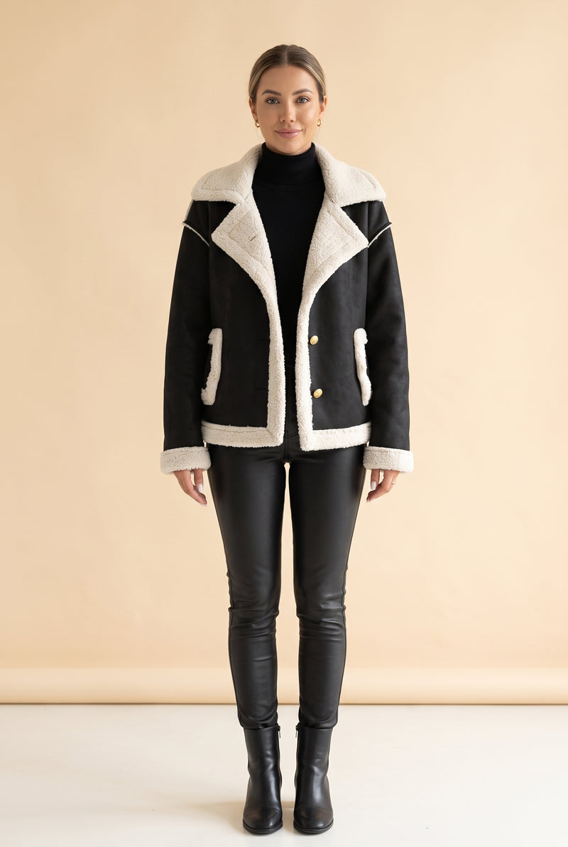 Black Suede Buttoned Jacket with Pockets