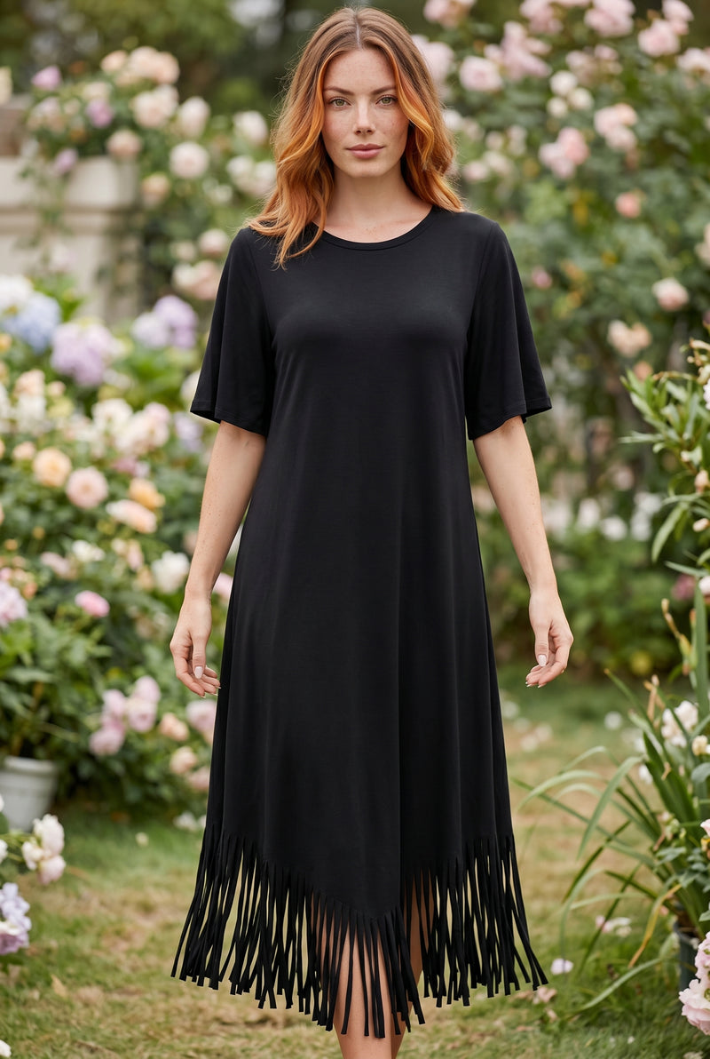 Kurzarm Midikleid mit Rundhalsausschnitt und Fransen in Schwarz – Foto 5
