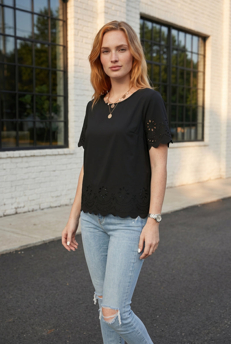 Short Sleeve Crew Neck Embroidered Top in black – photo 5
