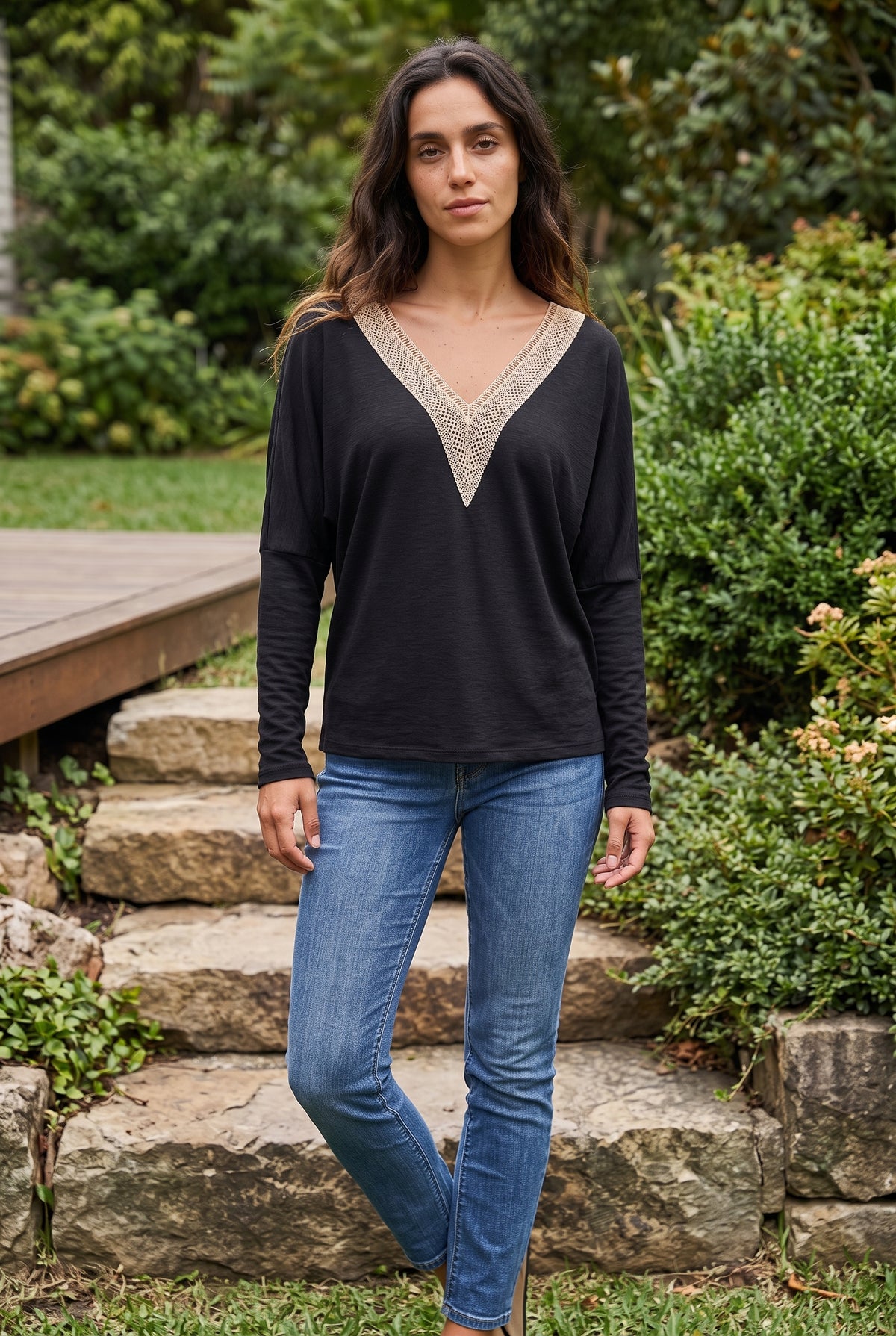 Black Long Sleeve Top with V Neck and Lace Trim