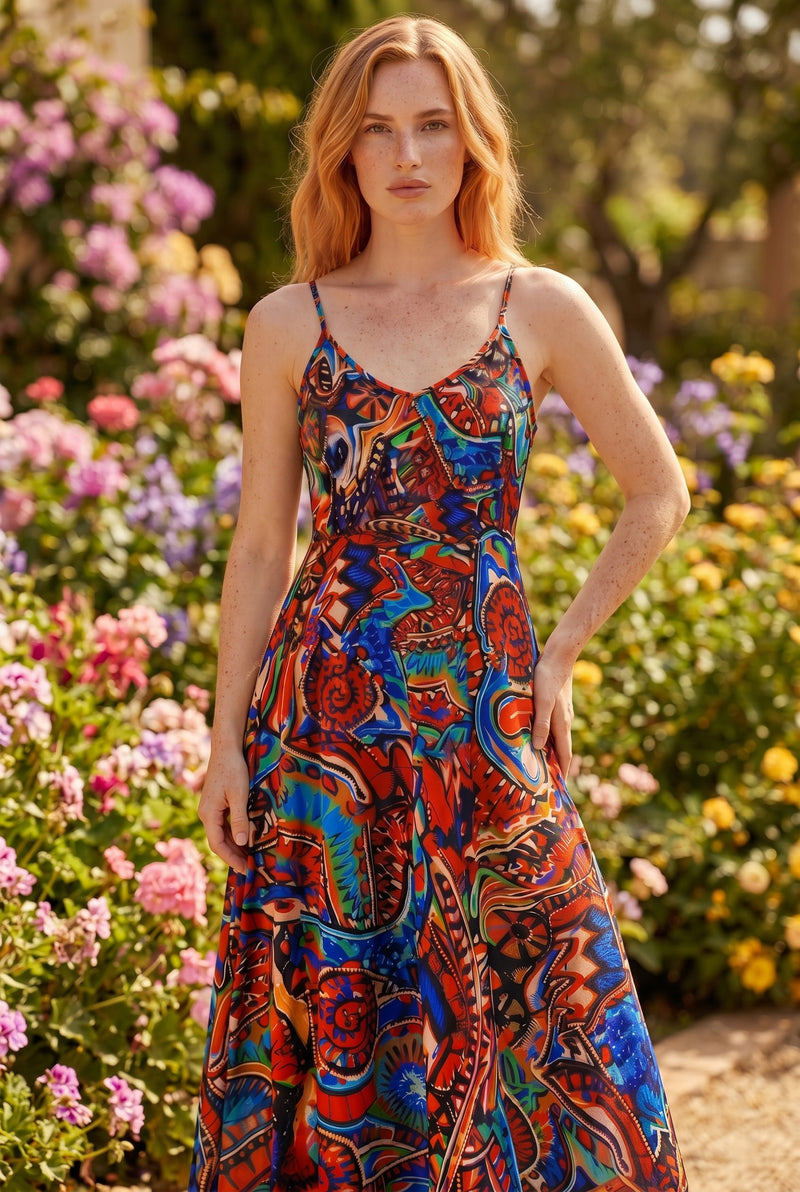 Abstract Print Strappy V-Neck Midi Dress in patterned – photo 5