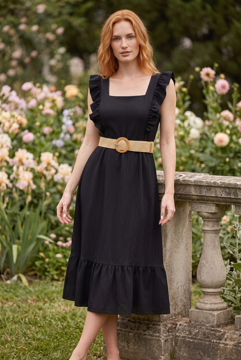 Black Midi Dress with Ruffled Straps and Square Neck
