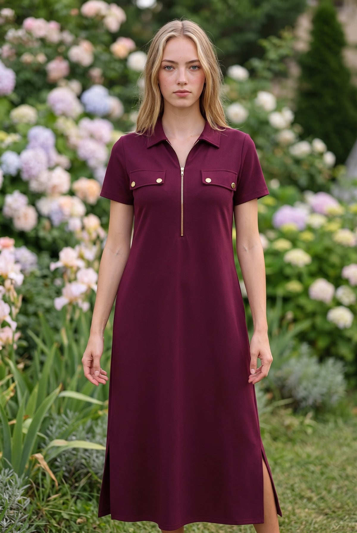 Kurzarm Maxikleid mit Reißverschluss und Kragen in Bordeaux – Foto 5