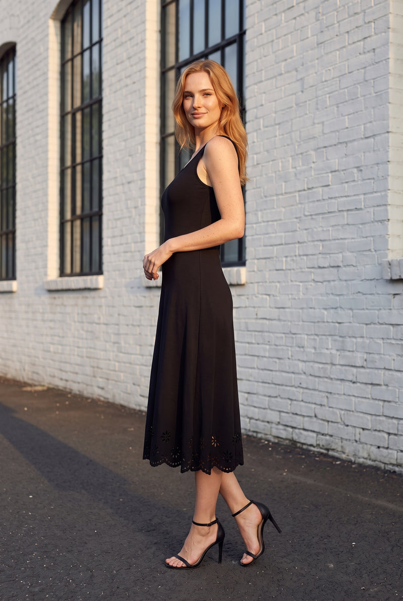 Black Sleeveless Midi Dress with Floral Laser Cut Hem – photo 4