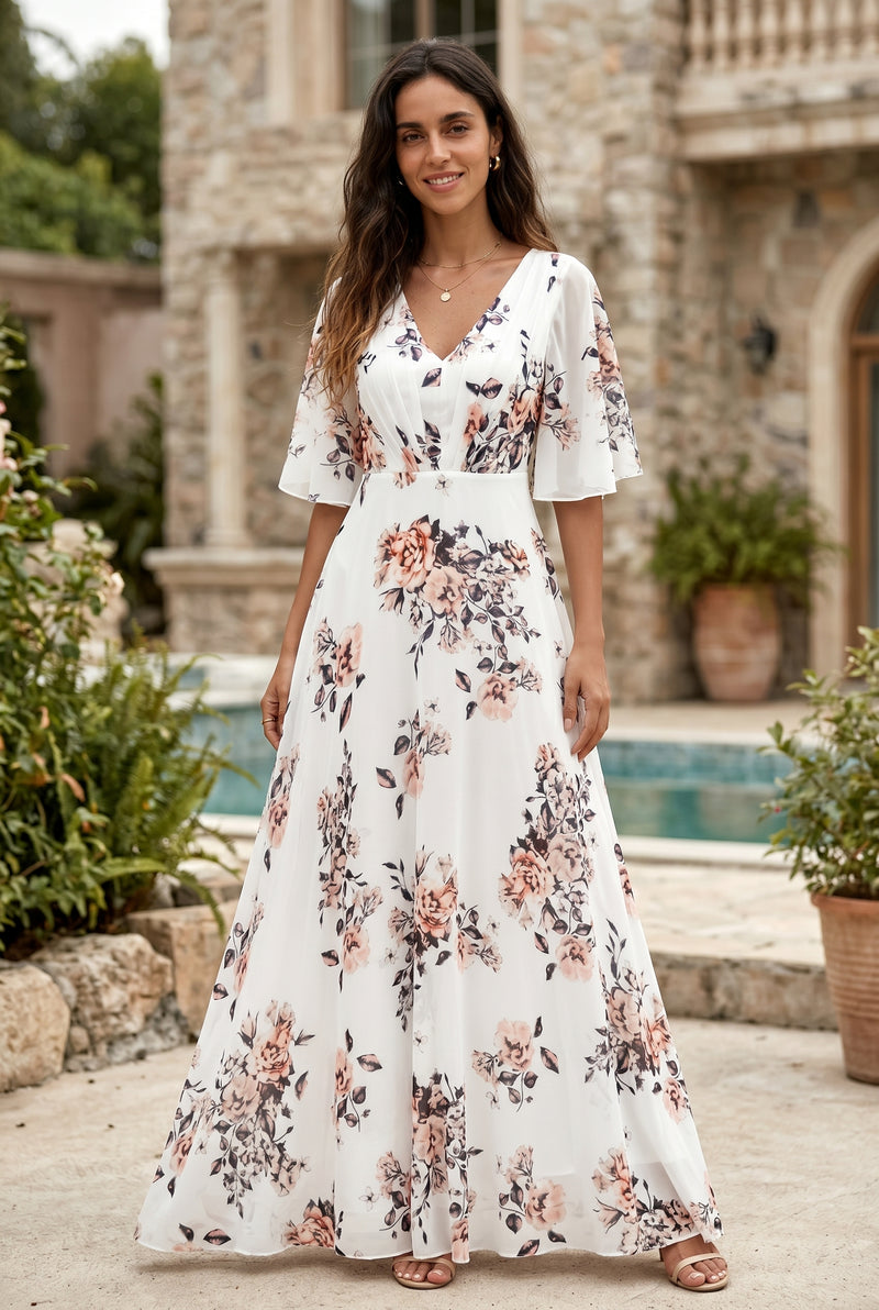Floral V-Neck Short Sleeve Maxi Dress in white – photo 2
