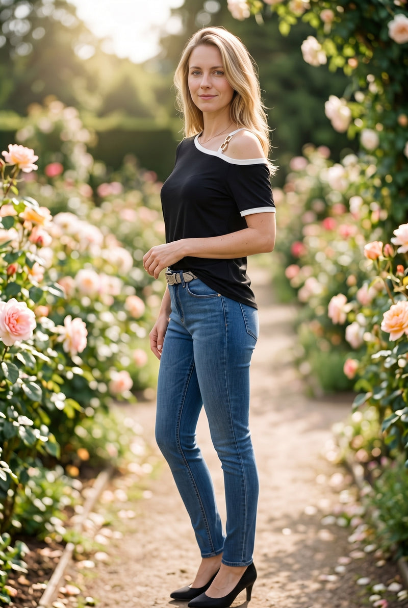 Short Sleeve One Shoulder Viscose Top in black – photo 2